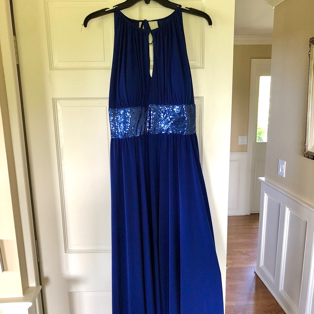 Long blue gown with sequins waist, never worn